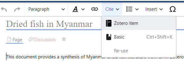 Zotero item insert menu option in the MediaWiki visual editor interface menu